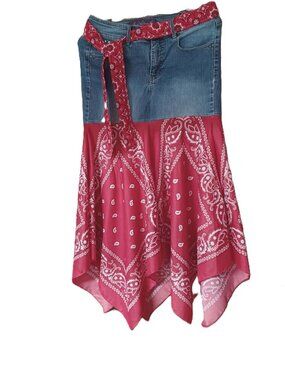 Handmade Upcycled jean Denim Red Bandana Skirt